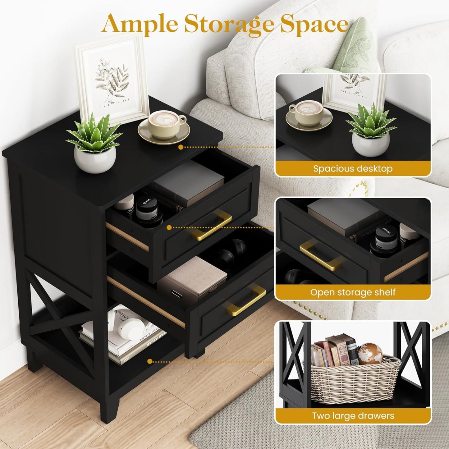 Superjoe Tall Nightstand Set of 2, Side Table with 2 Drawers and Open Shelf Below, Bedside Table with Solid Feet, Modern Night Stand End Table for Bedroom, Living Room, Home Office, Black