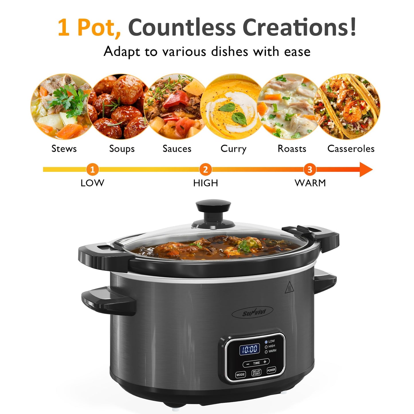 Sunvivi 4qt Slow Cooker, Programmable Slow Cooker with Locking Lid, Removable Ceramic Pot, 3 Heating Settings & Time Control, Mini Food Warmer with Dishwasher-safe Lid & Pot, Silver