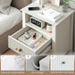 Superjoe Fluted Nightstand with Charging Station, White End Table with Silent Slide Drawers, Modern Side Table, Wood Night Stand Cabinet for Living Room, Bedroom