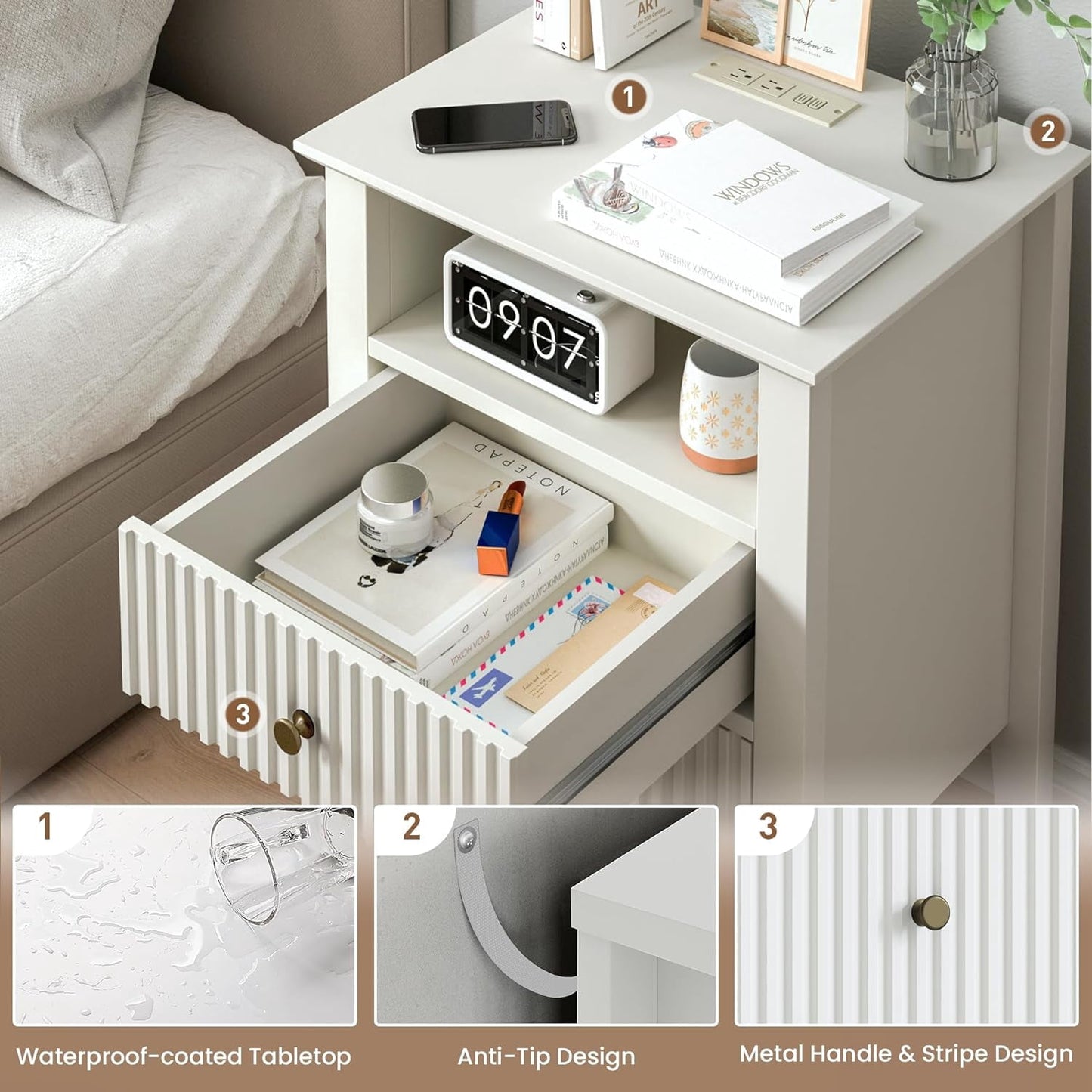 Superjoe Fluted Nightstand with Charging Station, White End Table with Silent Slide Drawers, Modern Side Table, Wood Night Stand Cabinet for Living Room, Bedroom