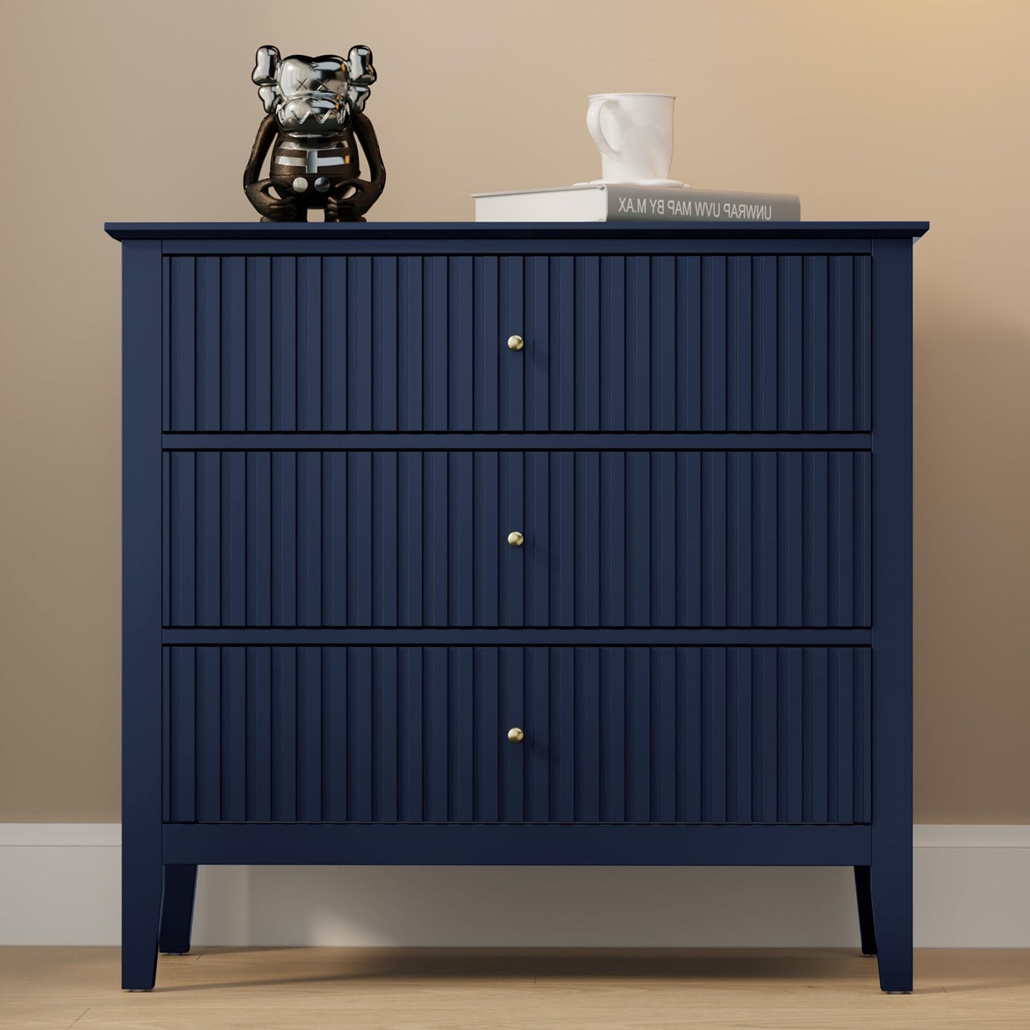 Heynemo 30" Large Dresser with 3 Drawers, Blue Modern Wood Nightstand with Ball Bearing Slides, Wide Storage Chest for Bedroom, Living Room, Entryway or Office