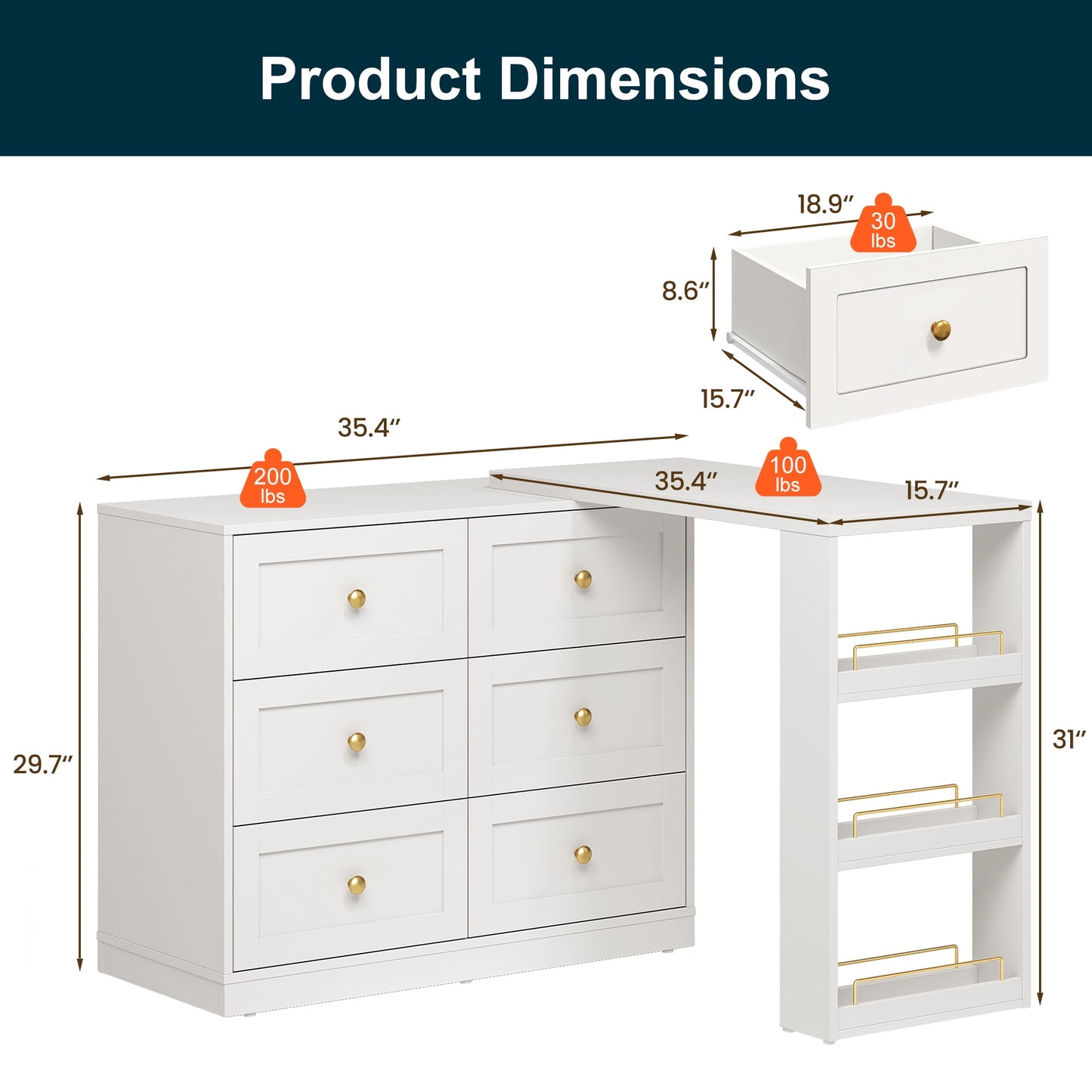 Heynemo Extendable Makeup Vanity Desk with 3 Side Shelves, L-Shaped Vanity Table and Dresser Combo with 6 Drawers, Modern Dressing Table for Bedroom, Dressing Room, White