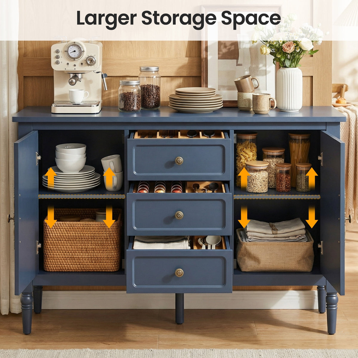 Heynemo Buffet Sideboard with 2 Doors & 3 Drawers, Storage Cabinet with Adjustable Shelves for Living Room, Dining Room, Blue