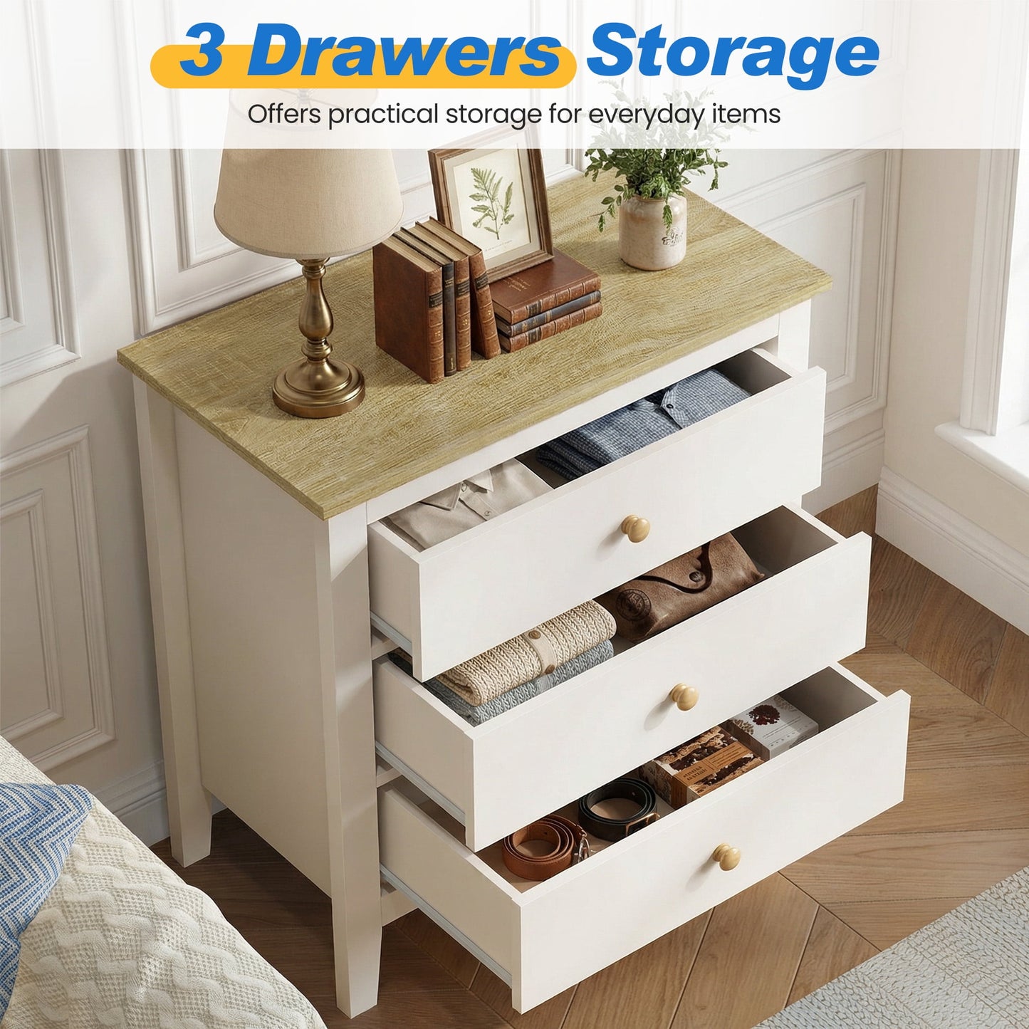 May in Color Large Nightstand with 3 Spacious Drawers, Modern Bedside Table with Solid Wood Knobs for Bedroom Living Room