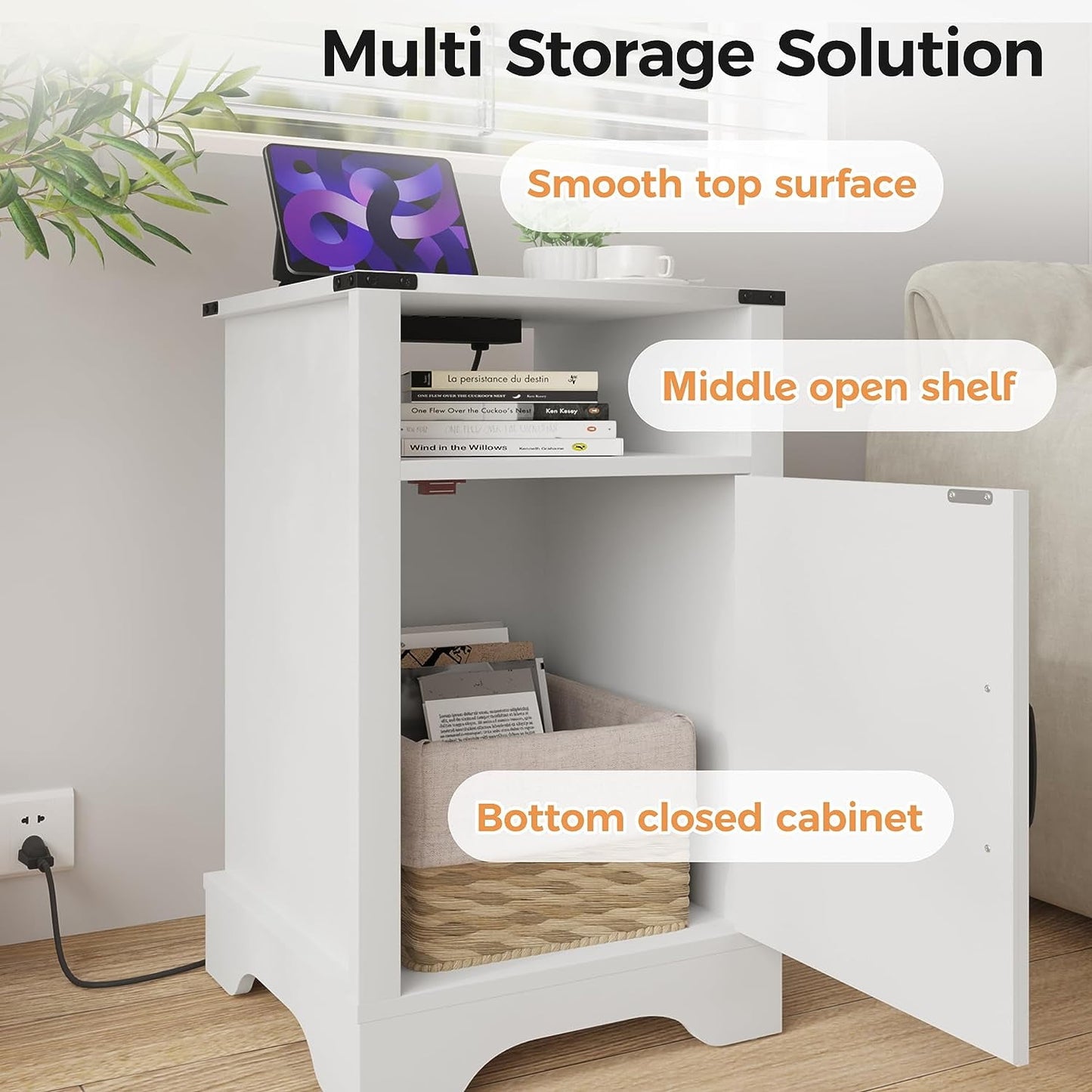 Mayincolor White Nightstand with Charging Station, Farmhouse Bedside Table with X-Shaped Design,Wooden Rustic End Table with Large Storage Cabinet Room and Shelf for Bedroom, Living Room, Solid White