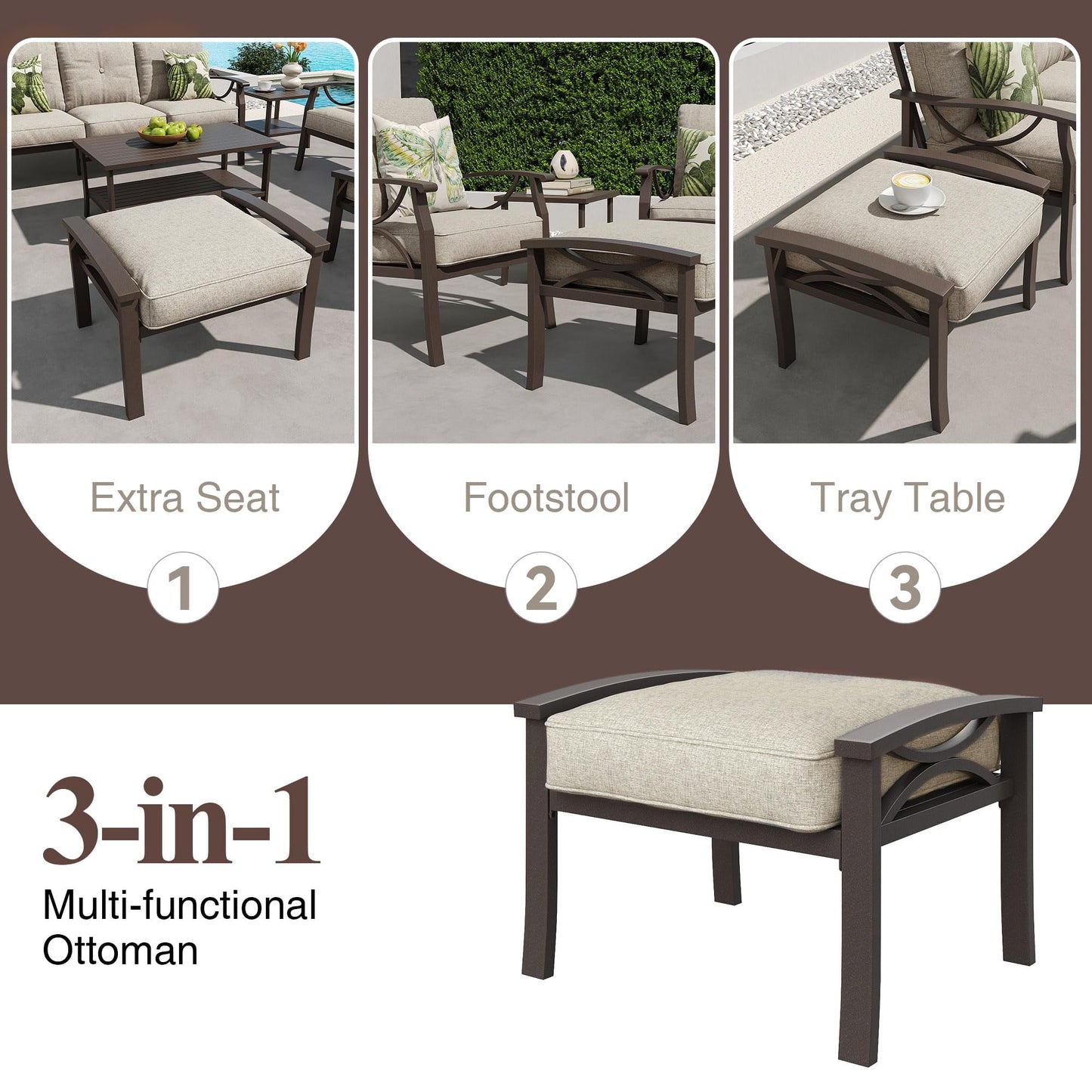 Heynemo 5 Seater Outdoor Patio Furniture Set, 6 Piece Patio Conversation Set with Grey Table and Ottomans, Metal Furniture Set for Porch Backyard Garden, Grey