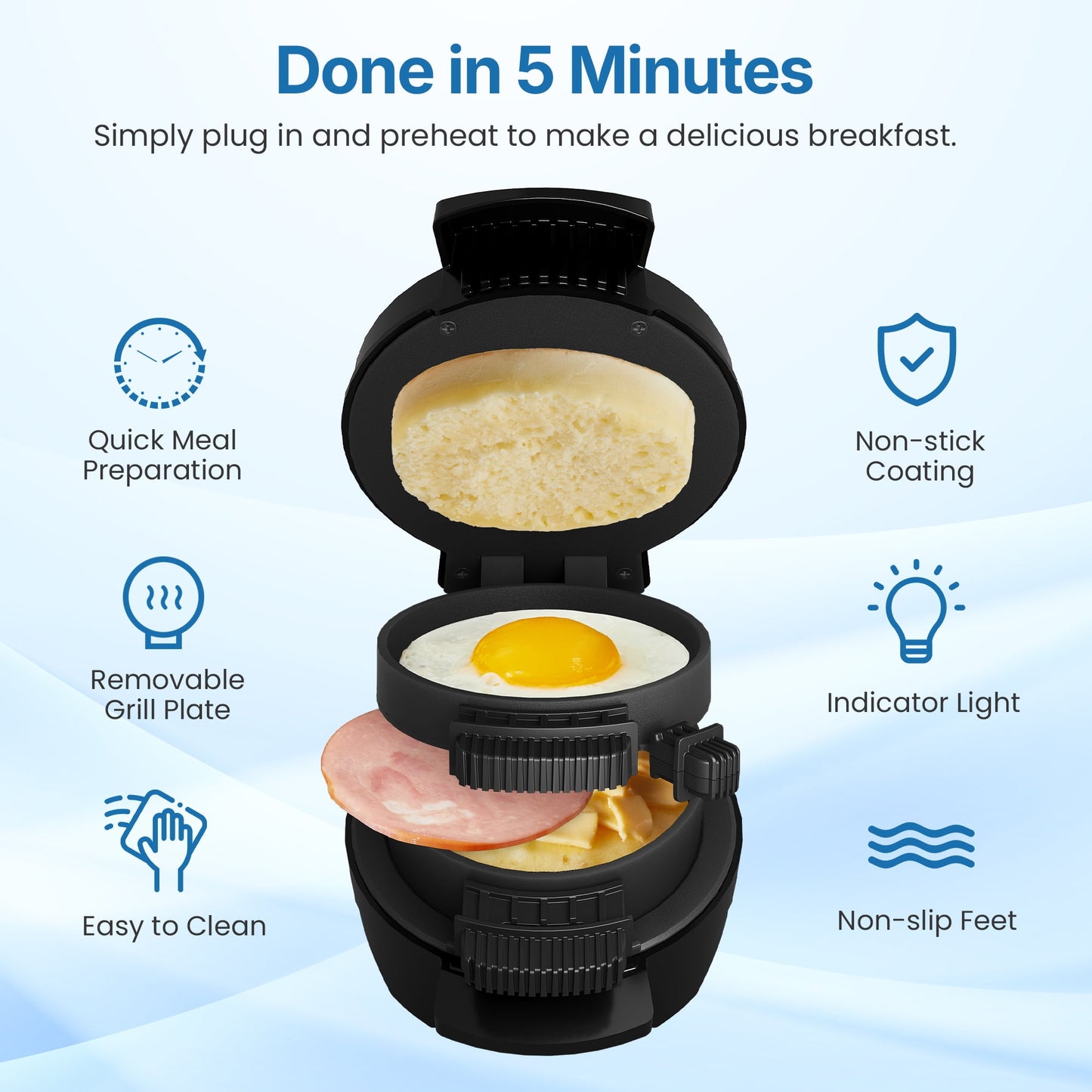 CozyHome Mini Burger Press Maker with Egg Cooker Ring, Black Breakfast Sandwich Maker with Non-Stick Plate, Electric Omelette Maker for Stuffed Burgers, Sliders, English Muffins, Waffle, Croissants