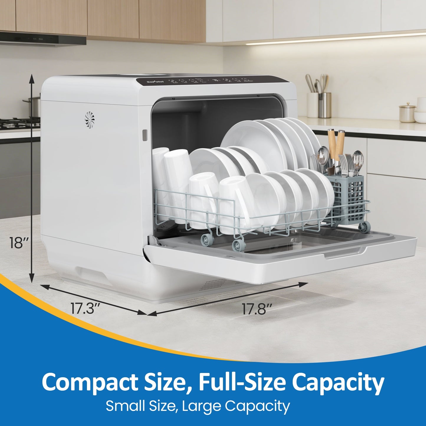 Sunvivi Portable Countertop Dishwasher 18", 152oz Built-in Water Tank, 6 Wash Programs, Energy Star, Delay Start for Apartments & RV