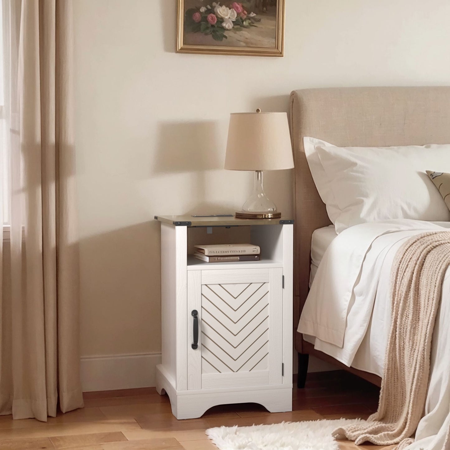 Superjoe Farmhouse Nightstand w/Charging Station, Wooden Rustic Tall Bedside Table, End Table w/Storage Shelf & Shelf for Bedroom, Living Room, Wood-Tone White