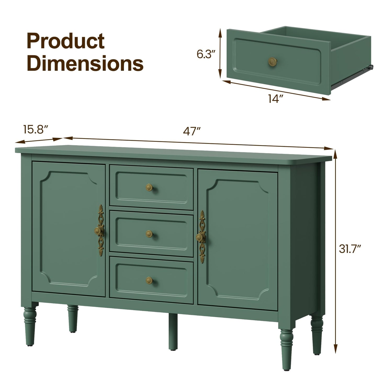 Heynemo Storage Cabinet with 2 Doors & 3 Drawers, Mid-Century Sideboard Cabinet with Adjustable Shelves, Wood Buffet Cabinet with Turned Legs, Ideal for Entryway, Living Room, Dining Room, Green