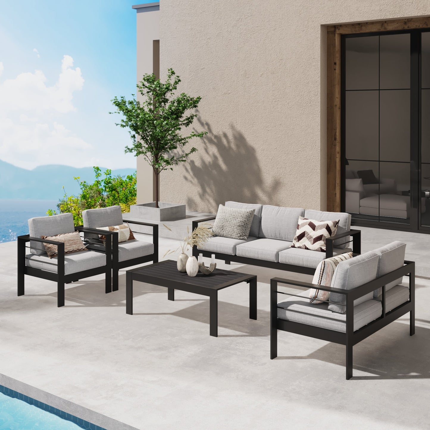 Superjoe 5 Pcs Outdoor Aluminum Furniture Set 7 Seats Patio Sectional Sofa Conversation Set Chat Counch Chair with Table Black Frame Light Gray Cushion