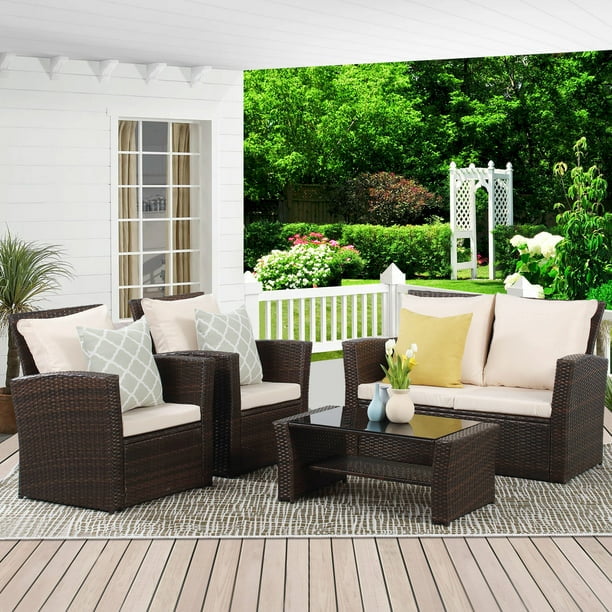 Cozyhom 4 Piece Rattan Outdoor Patio Sofa Furniture Sets, Wicker Conversation Couch Sets Rattan Sofa Chair With Cushion For Backyard Lawn Garden, Brown