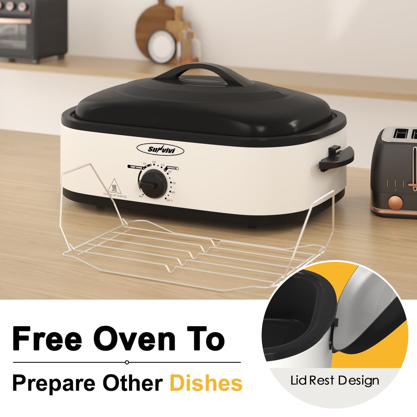 Sunvivi Roaster Oven with Self-Basting Lid, 14qt Electric Roaster with Removable Pan & Rack, Turkey Roaster Oven with Defrost & Warm Function, Stainless Steel, White