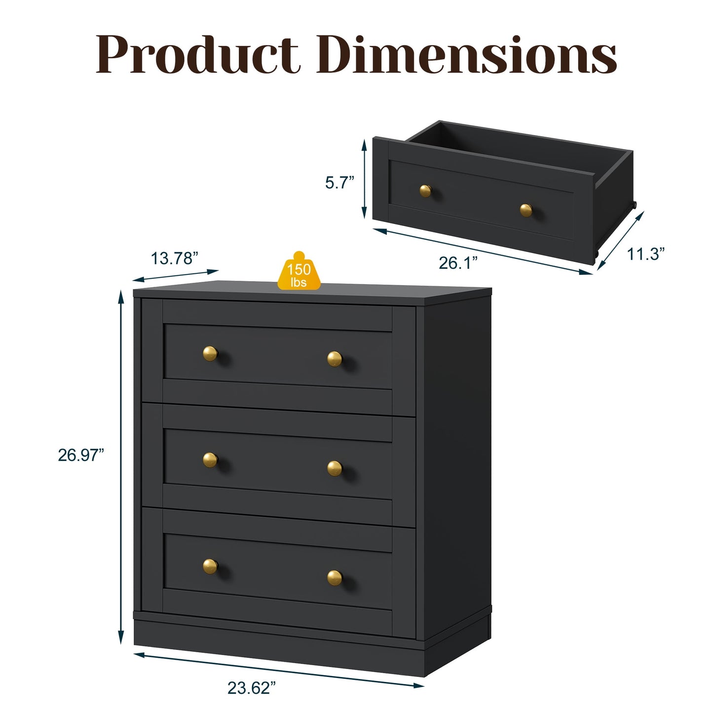 Heynemo 3-Drawer Nightstand, Wooden Bedside Table with Gold Knobs, Modern Storage Cabinet for Bedroom, Living Room, or Hallway, Black