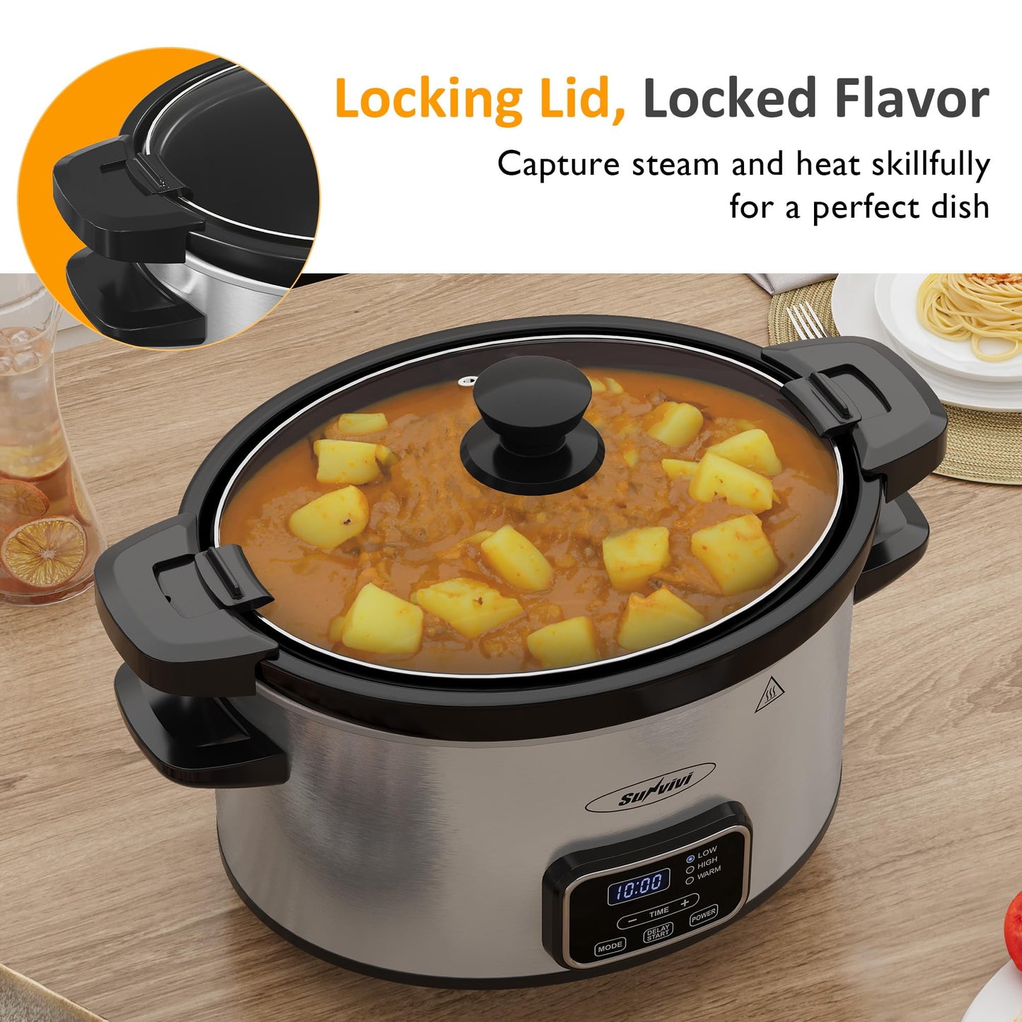 Heynemo 4qt Slow Cooker, Programmable Slow Cooker with Locking Lid, Removable Ceramic Pot, 3 Heating Settings & Time Control, Mini Food Warmer with Dishwasher-safe Lid & Pot, Silver