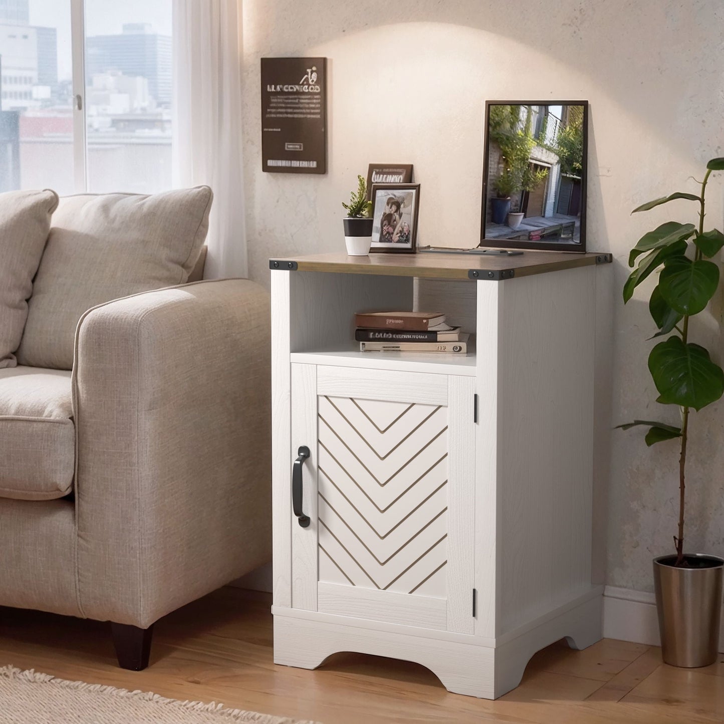 Superjoe Farmhouse Nightstand w/Charging Station, Wooden Rustic Tall Bedside Table, End Table w/Storage Shelf & Shelf for Bedroom, Living Room, Wood-Tone White