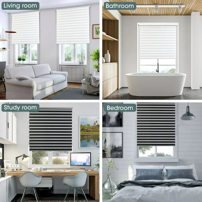 Royalcraft Cordless Zebra Blinds for Windows,73" W x 72" H Grey Dual Layer Zebra Roller Shades Blinds for Windows, Sheer or Privacy Light Control, Day and Night Window Shades for Living Rome, Office
