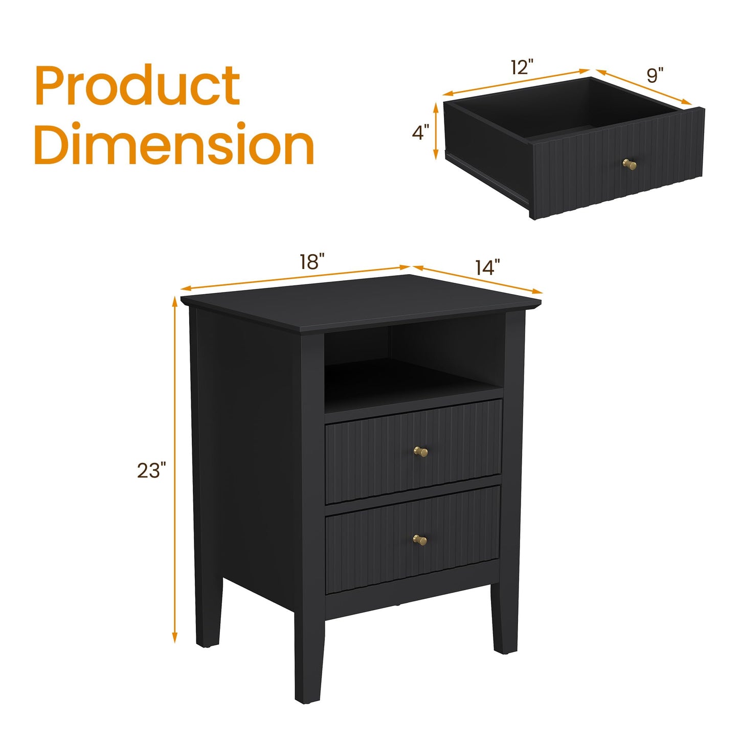 RoyalCraft Fluted Nightstand with 2 Drawers, Modern Wooden Sofa Table with Storage for Small Spaces, Tall End Table for Bedroom, Living Room, Couch Coffee Table
