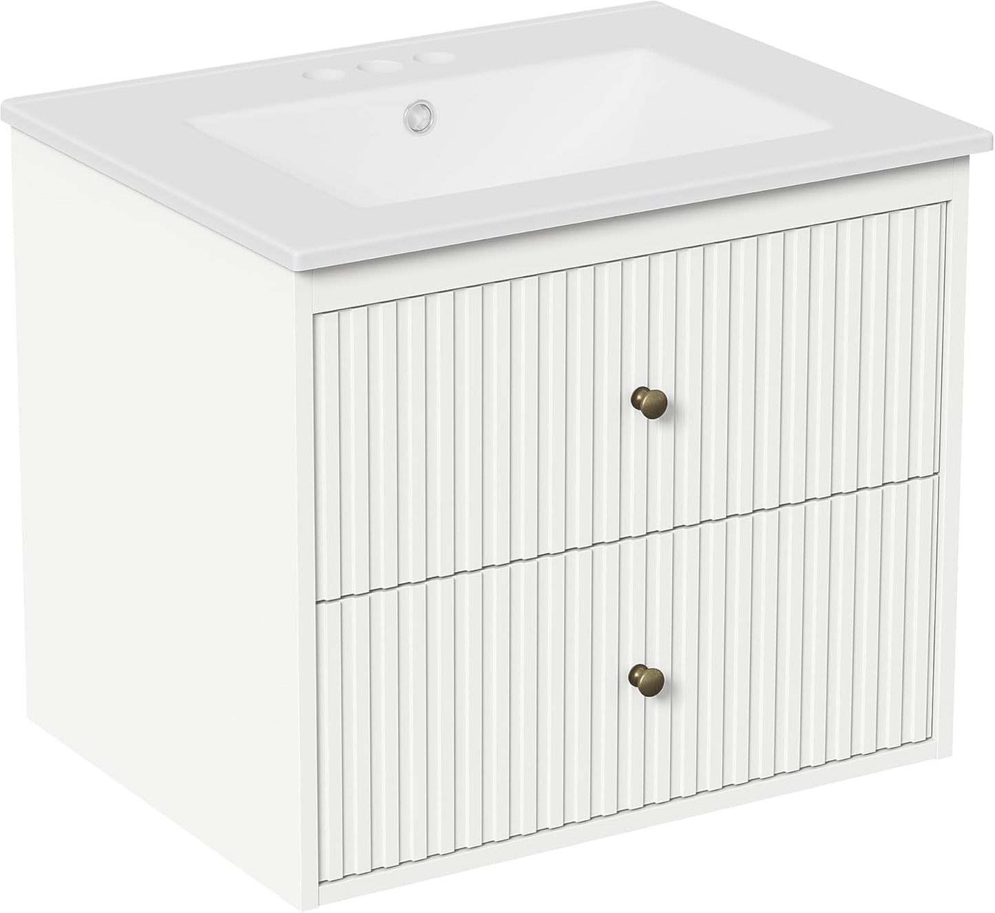 Royalcraft 24'' Bathroom Vanity with Sink, Floating Bathroom Vanity Sink Cabinet with 2 Fluted Drawers, Wall Mounted Bathroom Storage Cabinet with Sink Combo Set, White