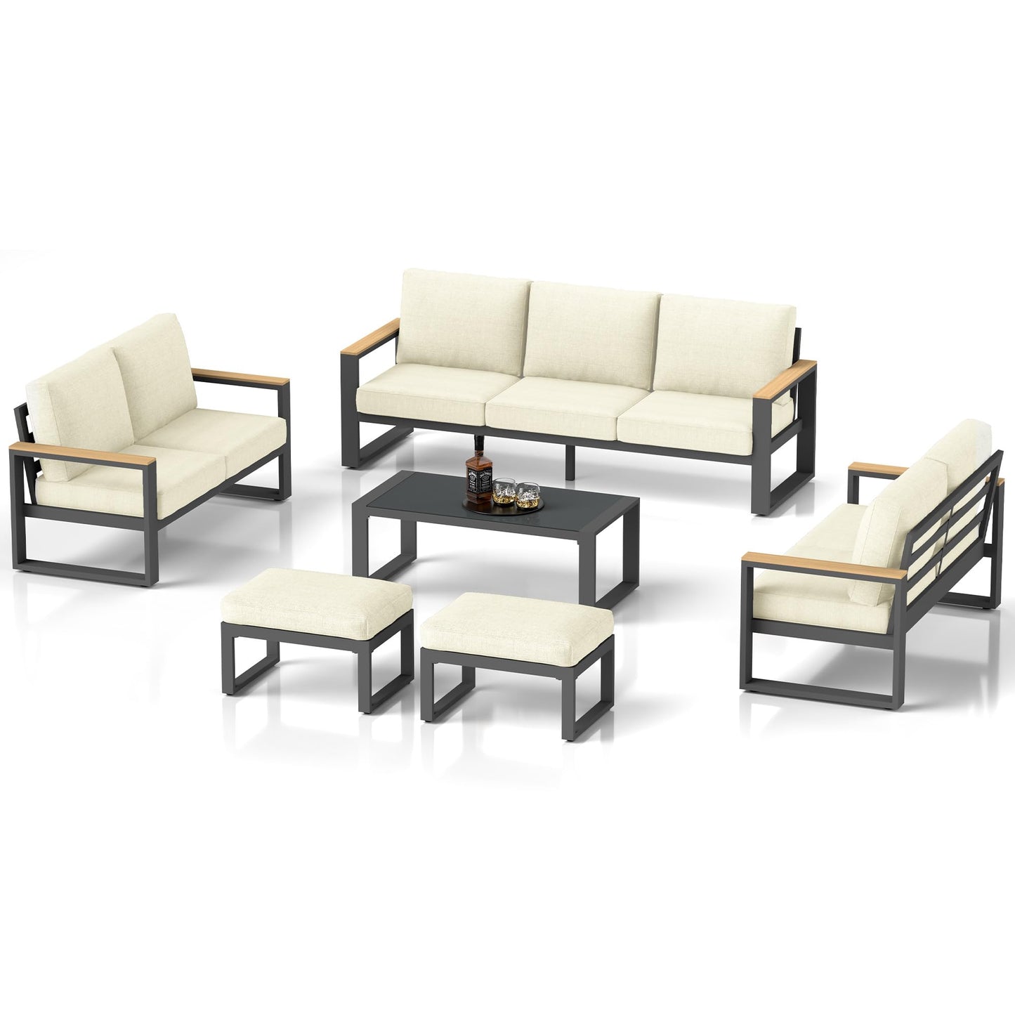 Heynemo Aluminum Patio Furniture, 6 Piece Metal Outdoor Furniture Set with Coffee Table & Ottomans, Modern Patio Sofa Sets Outdoor Conversation Set for Pool Garden Porch Backyard, Beige