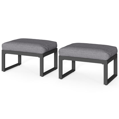 CozyHome 2 Pieces Aluminum Outdoor Patio Ottoman Set, Outdoor Foot Stools with Thick Cushion, Small Seat Furniture for Porch Balcony Backyard, Grey