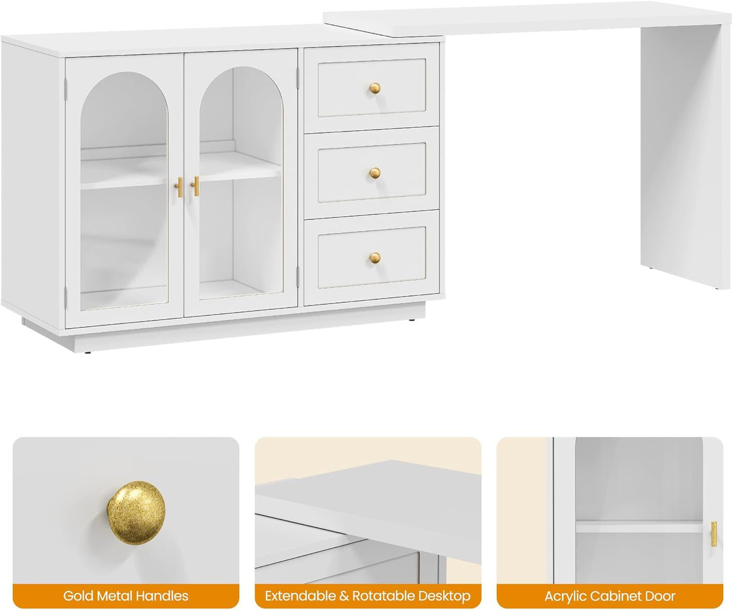 RoyalCraft 83?¡À Large Extendable Makeup Vanity Desk, Corner Vanity Table with 3 Drawer & 2 Door, Modern Dressing Table and Chest of Drawers Combo, Accent Vanity for Bedroom, Dressing Room