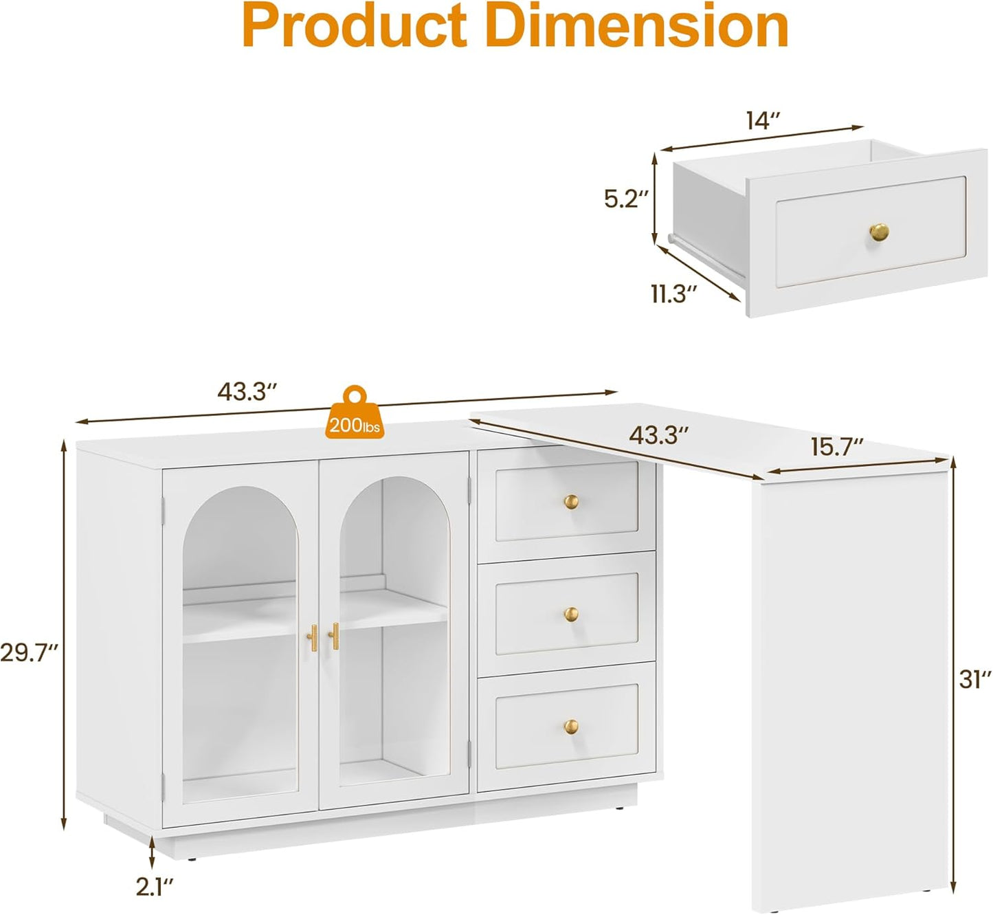 RoyalCraft 83?¡À Large Extendable Makeup Vanity Desk, Corner Vanity Table with 3 Drawer & 2 Door, Modern Dressing Table and Chest of Drawers Combo, Accent Vanity for Bedroom, Dressing Room
