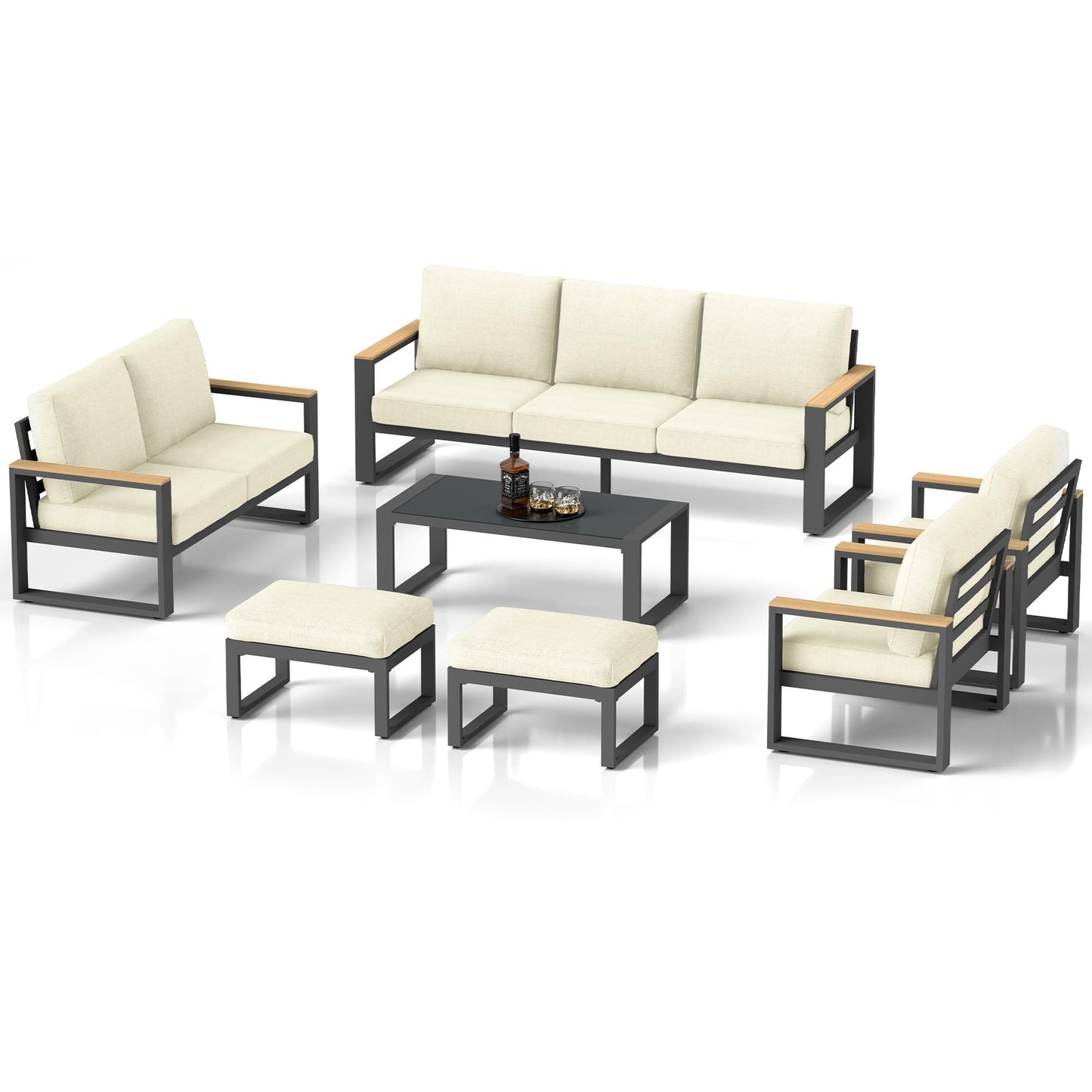 CozyHome Aluminum Patio Furniture, 7 Piece Metal Outdoor Furniture Set with Coffee Table & Ottomans, Modern Patio Sofa Sets Outdoor Conversation Set for Pool Garden Porch Backyard, Beige