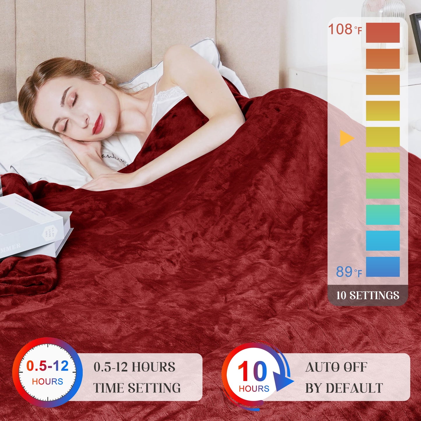 Heated Blanket Queen Size, Electric Blanket Dual Control Soft Velvet, 10 Heat Settings, 12 Hours Auto Off, Overheat Protection, Red