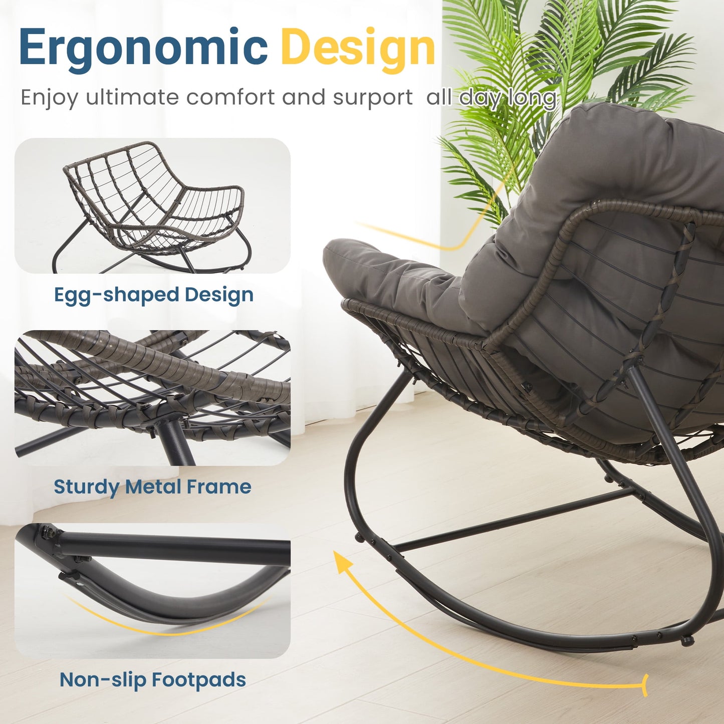 Heynem Patio Rocking Papasan Chair with Ottoman for Outdoor and Indoor, Outdoor Wicker Rocking Egg Chair with Cushion for Porch，Garden，Living Room