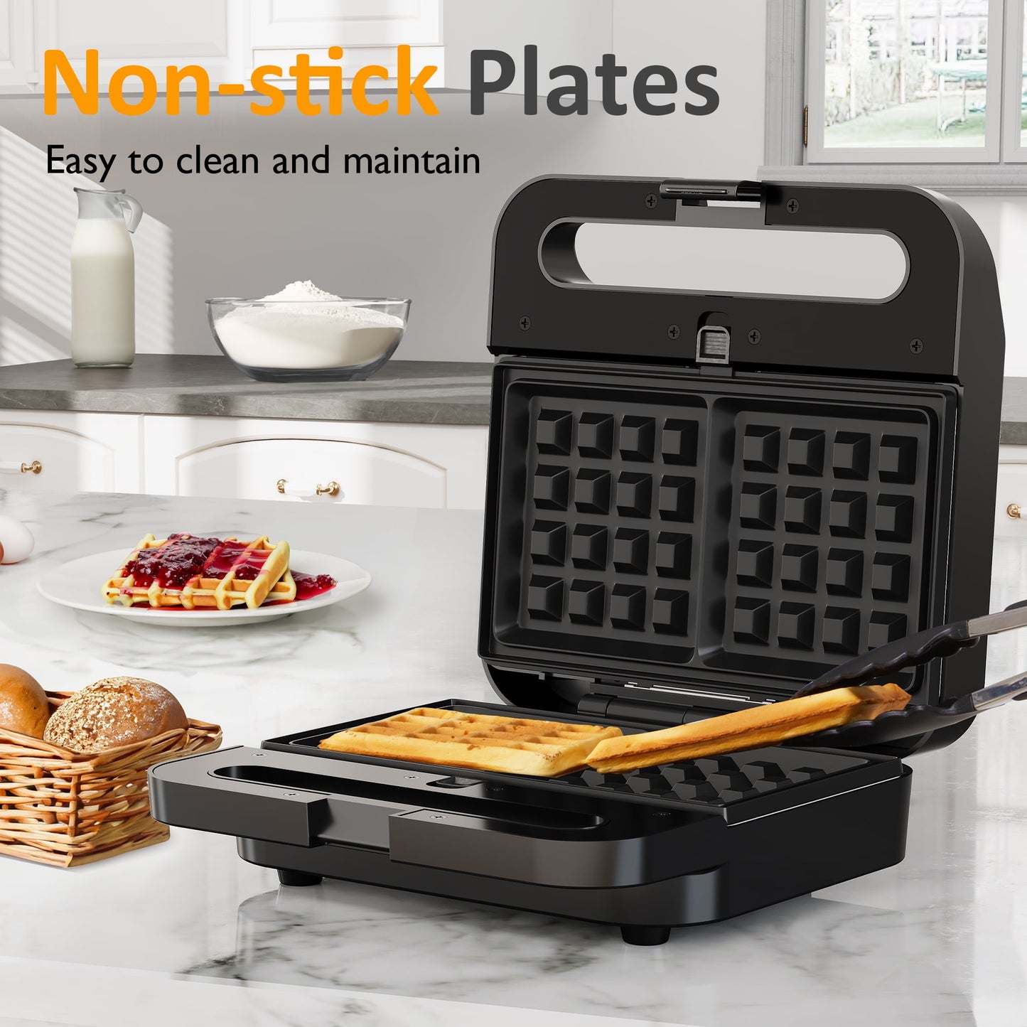 Heynemo Versatile 3-in-1 Waffle Maker & Panini Press, 1000W Electric Sandwich Maker with Removable Non-Stick Plates, Tempered Glass Lid, Cool Touch Handle & Easy Cleanup-2