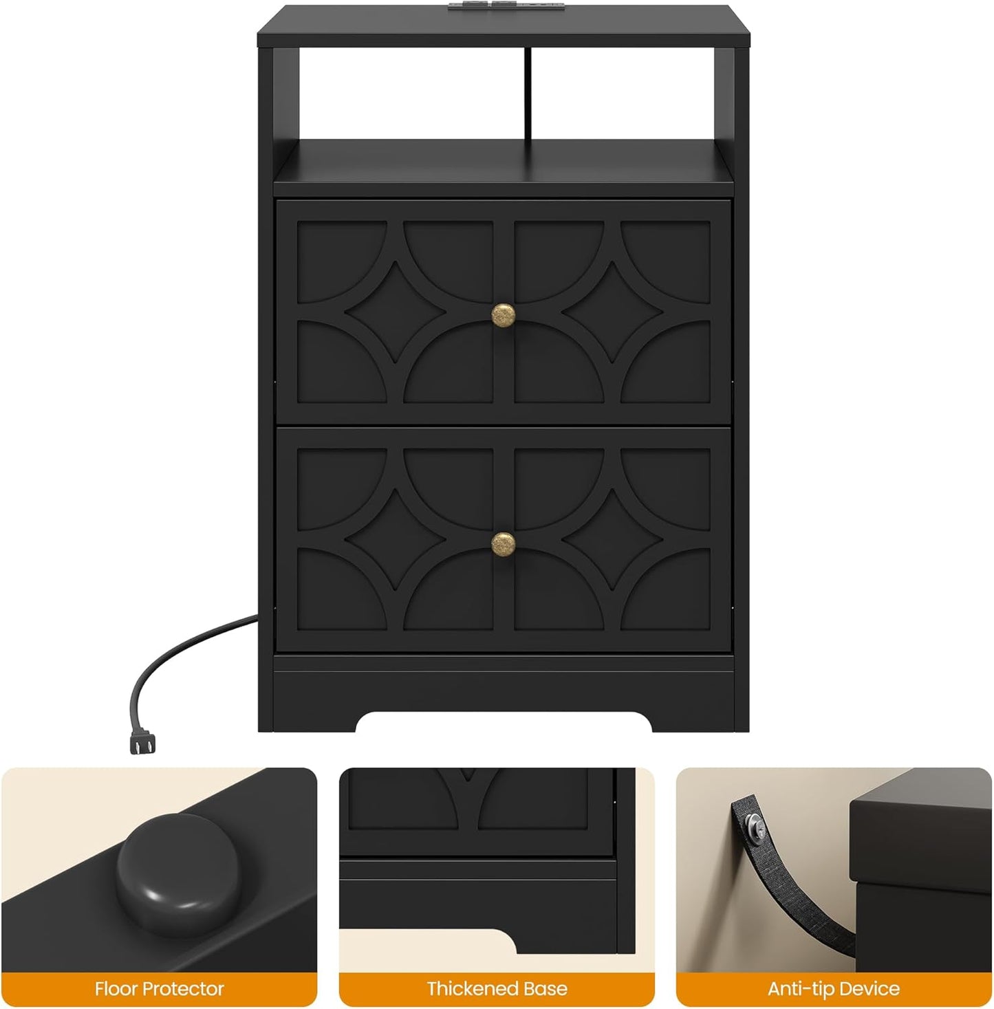 RoyalCraft Large Nightstand with 2 Drawers, Modern Side Table with Charging Station, Accent End Table with Diamond Carvings, Storage Cabinet for Living Room, Bedroom, Entryway, Set of 2