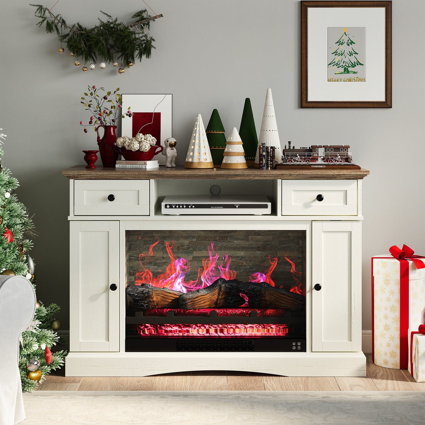 May in Color White TV Stand with 28'' Fireplace, Media Console Table with Adjustable Shelves, Entertainment Center with Double-door Design for Living Room, Bedroom