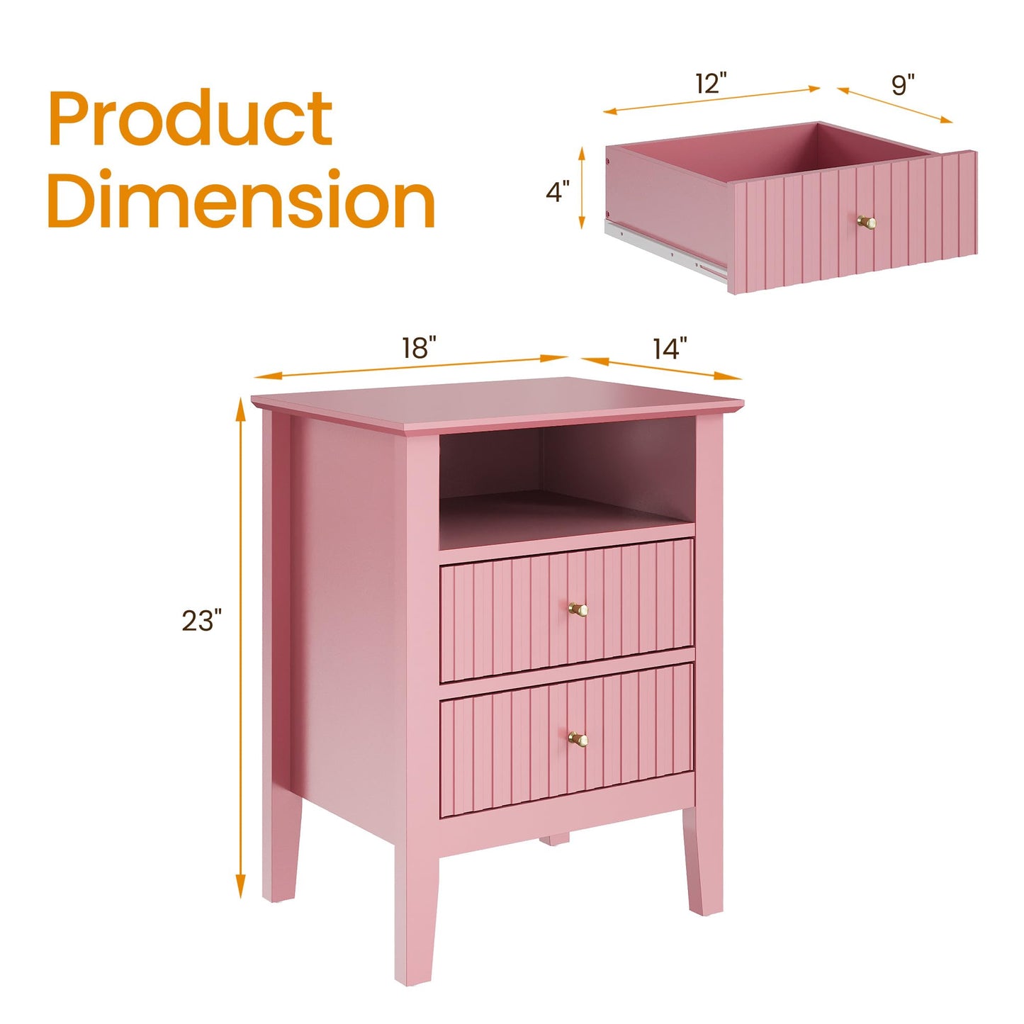 May in Color Fluted Nightstand with 2 Drawers, Modern Wooden Sofa Table with Storage for Small Spaces, Tall End Table for Bedroom