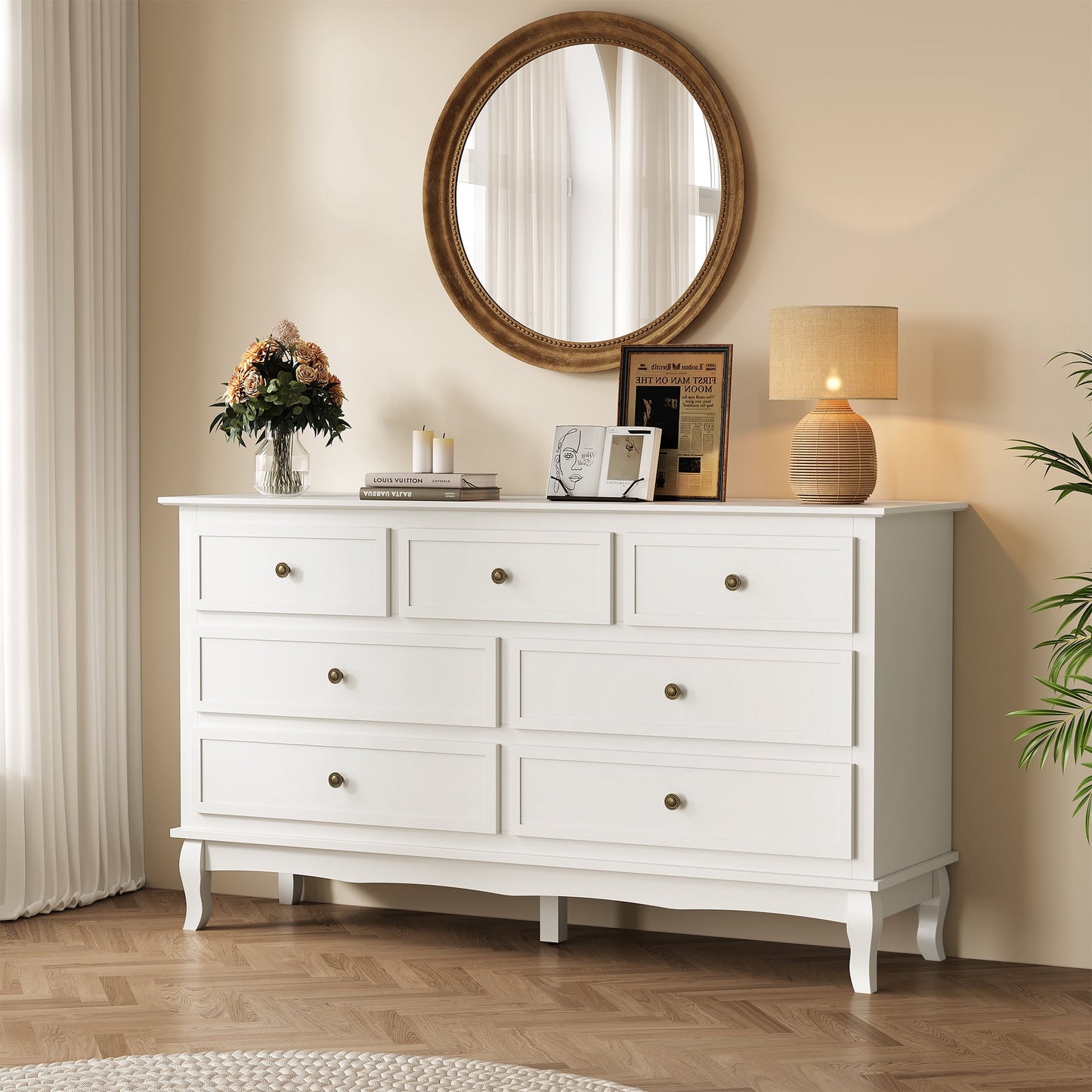 Heynemo Sideboard Buffet Cabinet with Storage, Modern Buffet 7 Drawers with Distinctive Wooden Legs & White Painted Finish, Accent Chest of Drawers TV Stand for Living Room, Hallway
