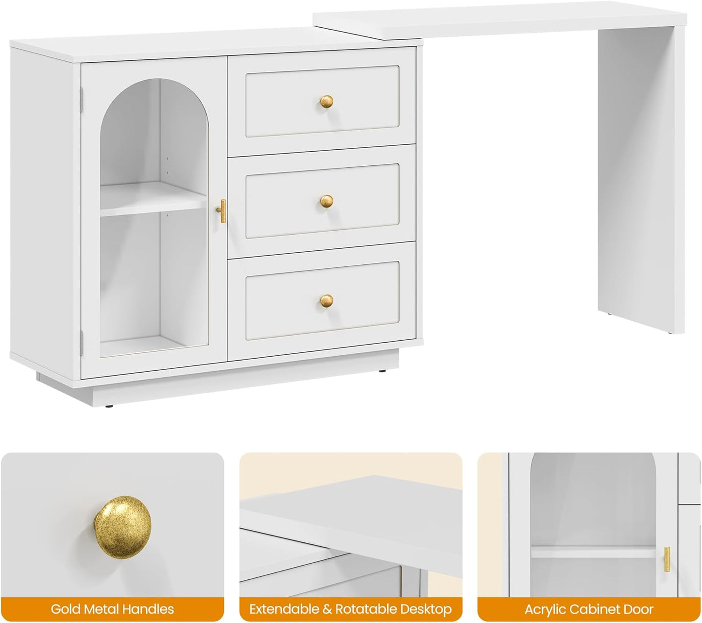 RoyalCraft 59?¡À Large Extendable Makeup Vanity Desk, Corner Vanity Table with 3 Drawer & 1 Door, Modern Dressing Table and Chest of Drawers Combo, Accent Vanity for Bedroom, Dressing Room