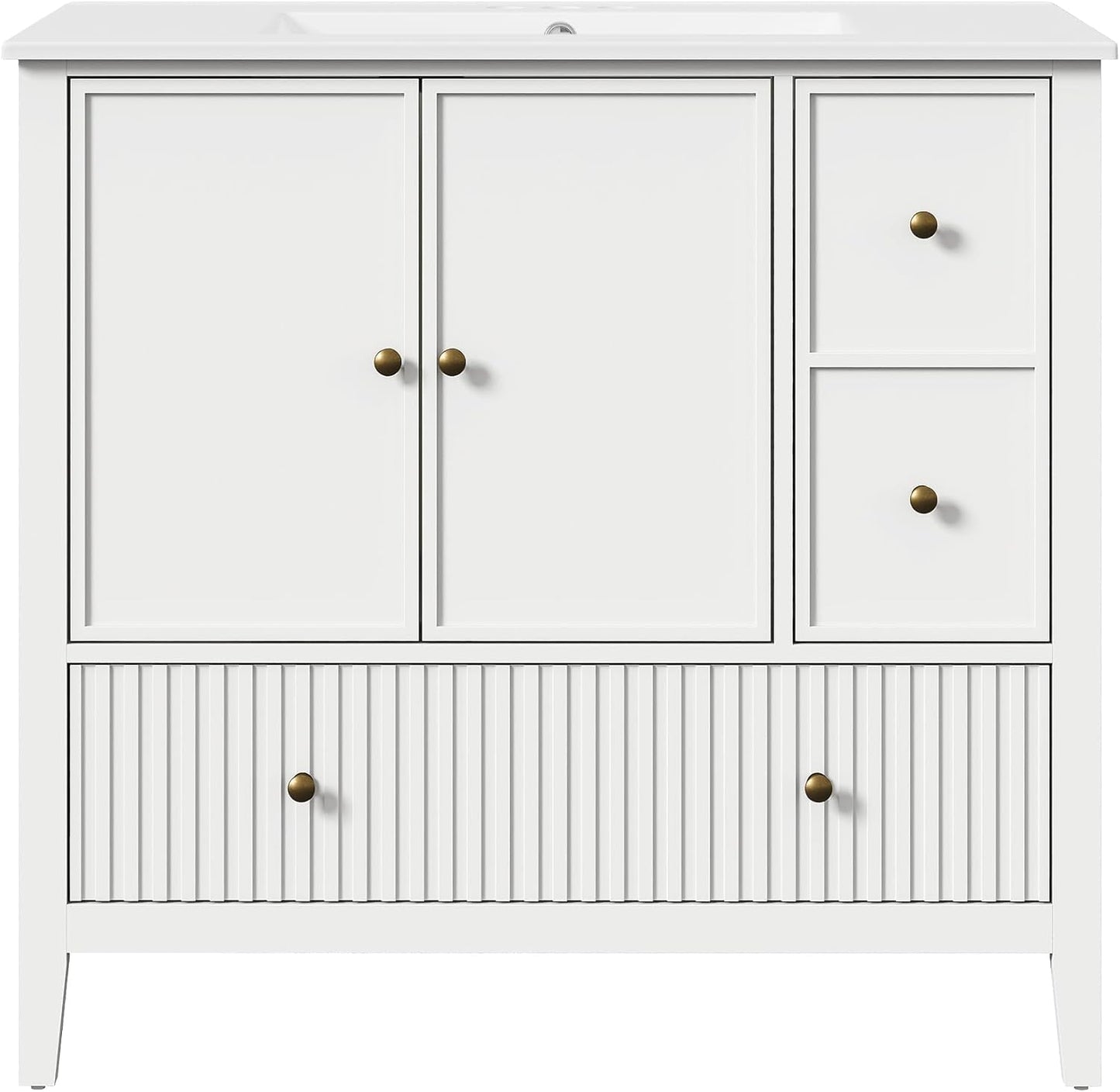 Royalcraft 36'' Bathroom Vanity with Sink, Modern Bathroom Vanity Sink Cabinet with Doors and Fluted Drawers, Free Standing Bathroom Storage Cabinet with Sink Combo Set, White