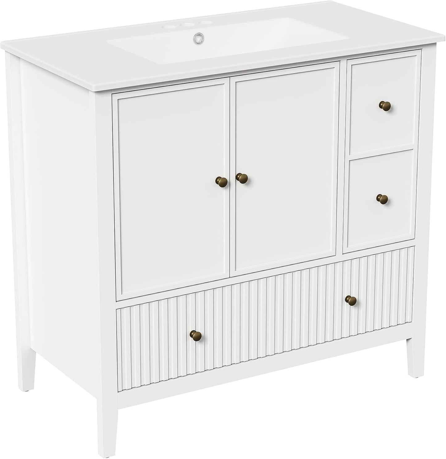 Royalcraft 36'' Bathroom Vanity with Sink, Modern Bathroom Vanity Sink Cabinet with Doors and Fluted Drawers, Free Standing Bathroom Storage Cabinet with Sink Combo Set, White