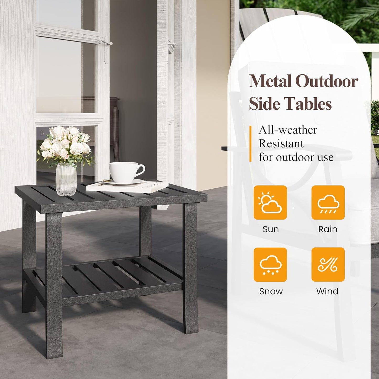 Heynemo 2-Tier Storage Square Patio Side Table, Outdoor Coffee Table, All-Weather Metal Patio End Table for Porch Backyard Garden, Black