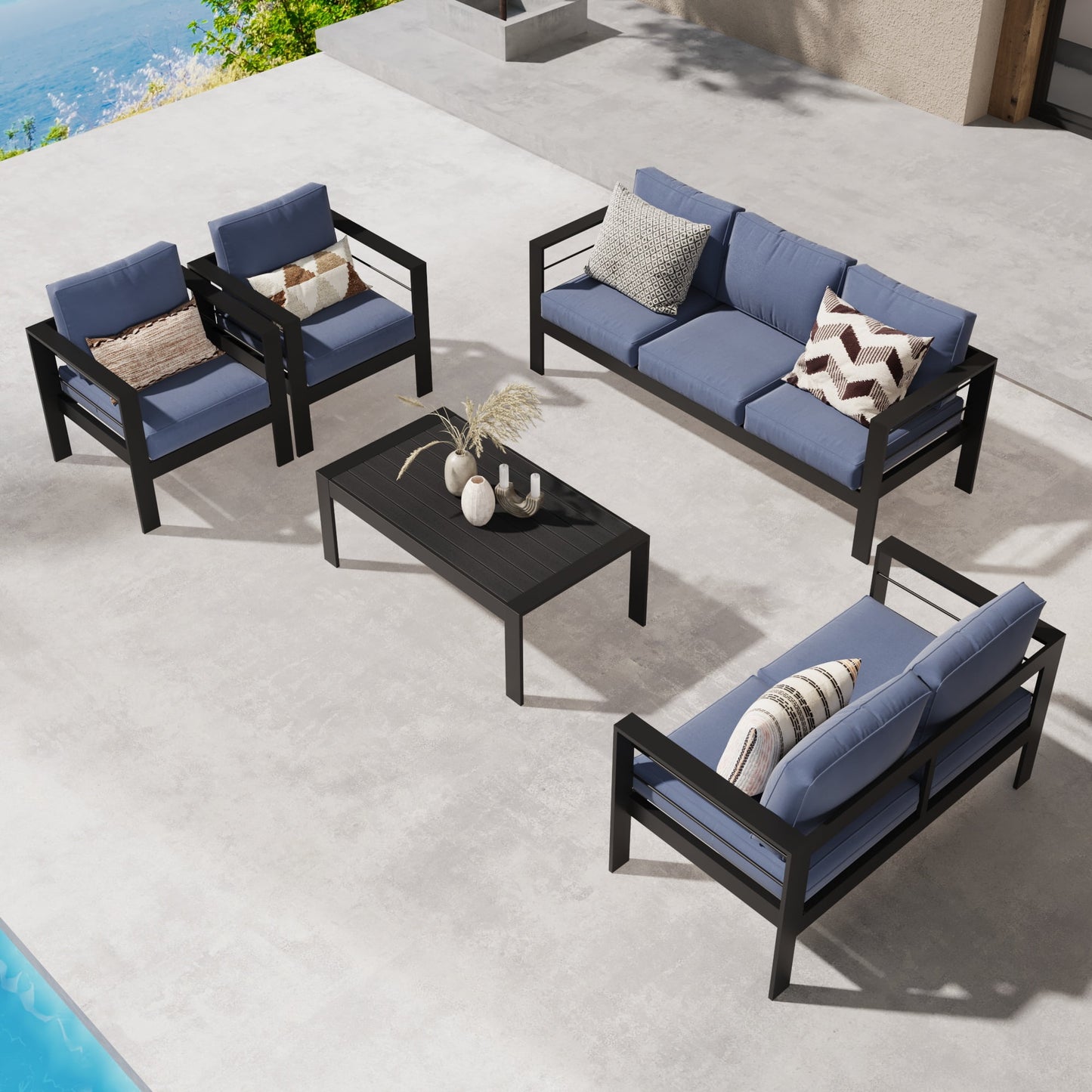 Superjoe 5 Pcs Outdoor Aluminum Furniture Set 7 Seats Patio Sectional Sofa Conversation Set Chat Counch Chair with Table Black Frame Blue Cushion