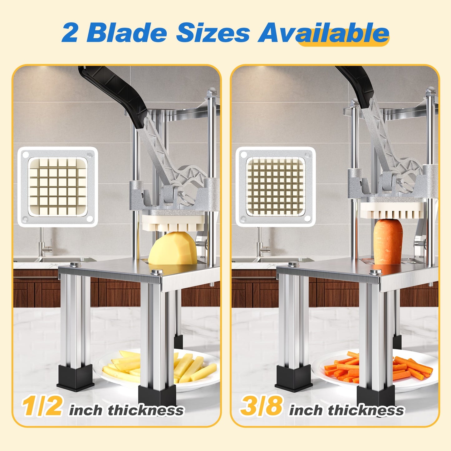Sunvivi French Fry Cutter Heavy Duty, Commercial Potato Slicer with 2 Blades (1/2" & 3/8"), Stainless Steel for Home & Restaurant