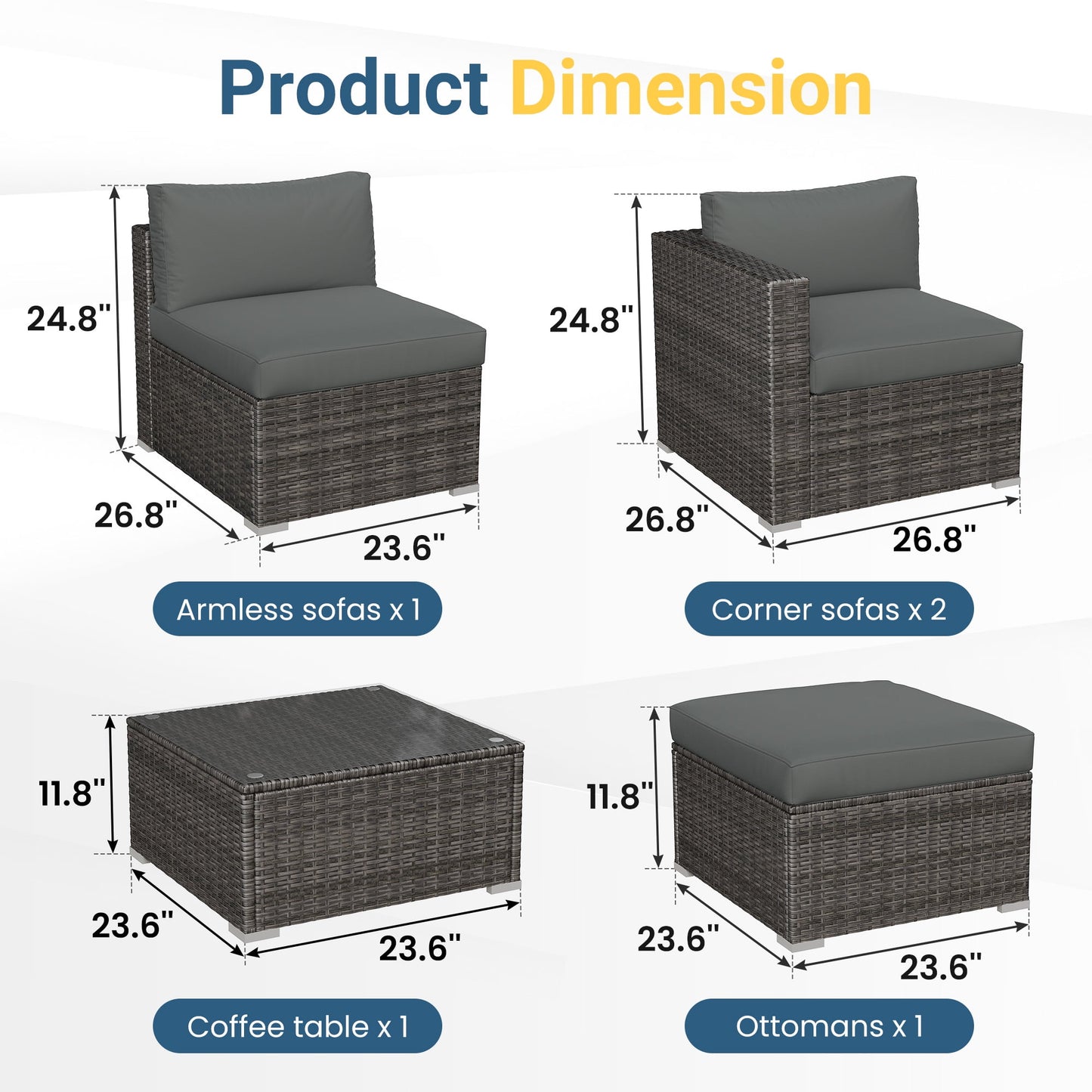 Heynemo 5-Piece Patio Furniture Set with Ottoman and Coffee Table, Outdoor Rattan Furniture Set with Gray Cushions