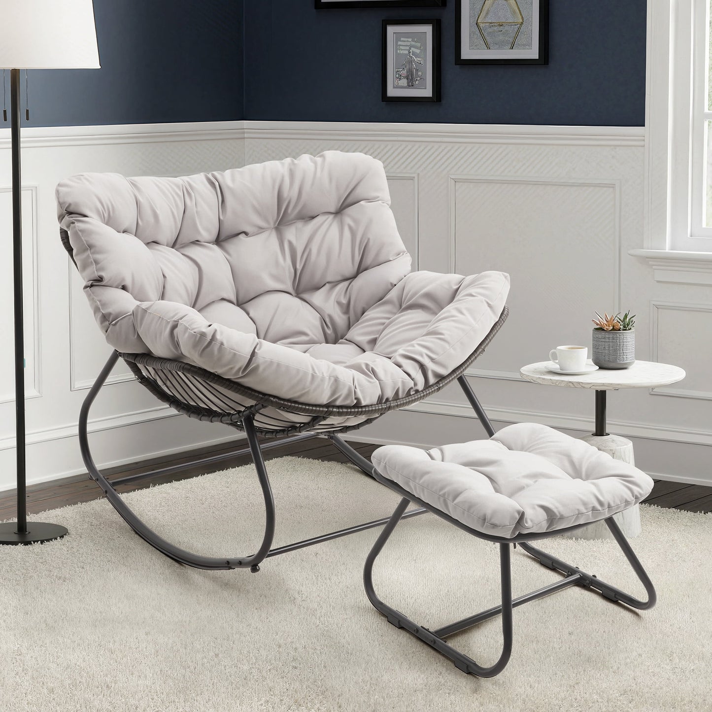 Heynemo Oversized Outdoor Wicker  Rocking Chair with Ottoman, Patio Rattan Papasan Chair with Cushion & Foot Rest for Indoor Outside Porch, Garden, Living Room