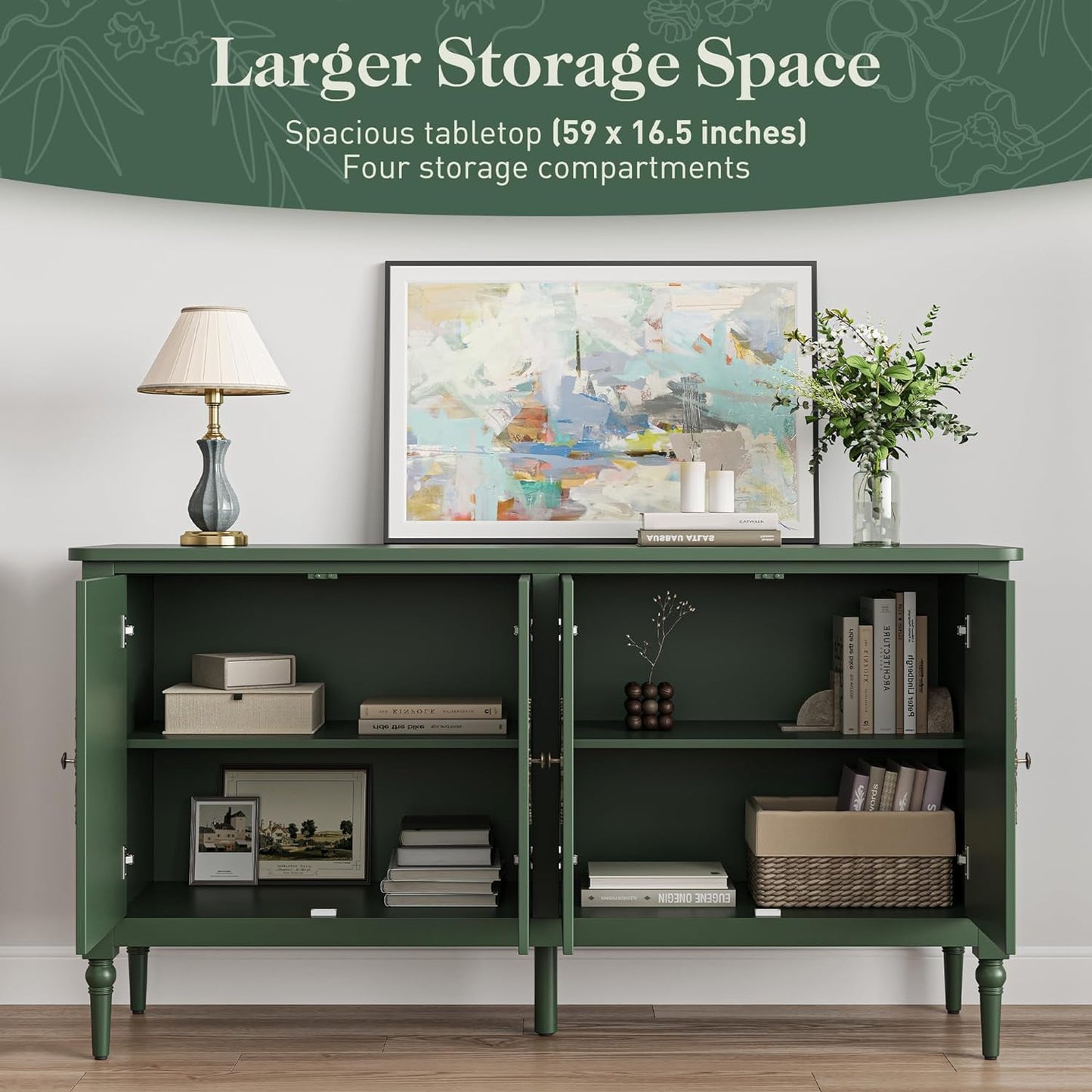 May in Color Console Cabinet, 58'' Wood Sideboard Buffet Cabinet, for Entryway, Living Room, Bedroom, Dining Room, Green