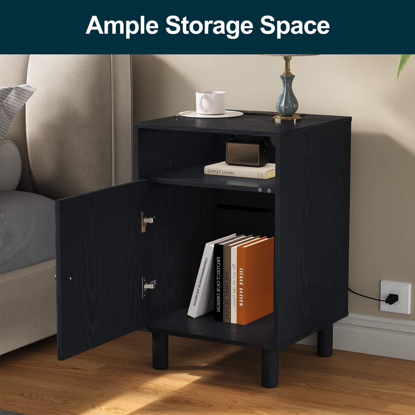 Heynemo Wood Nightstand with Storage, Bedside Table with Charging Station and Solid Wood Legs, Ideal for Living Room, Bedroom, Entryway, Black, Set of 2