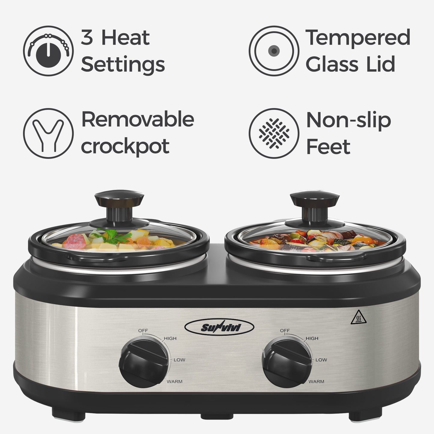 Sunvivi Small Double Slow Cooker, 2 Pot 1.25 Quart Oval Crock Food Warmer Buffet Server, Stainless Steel-2