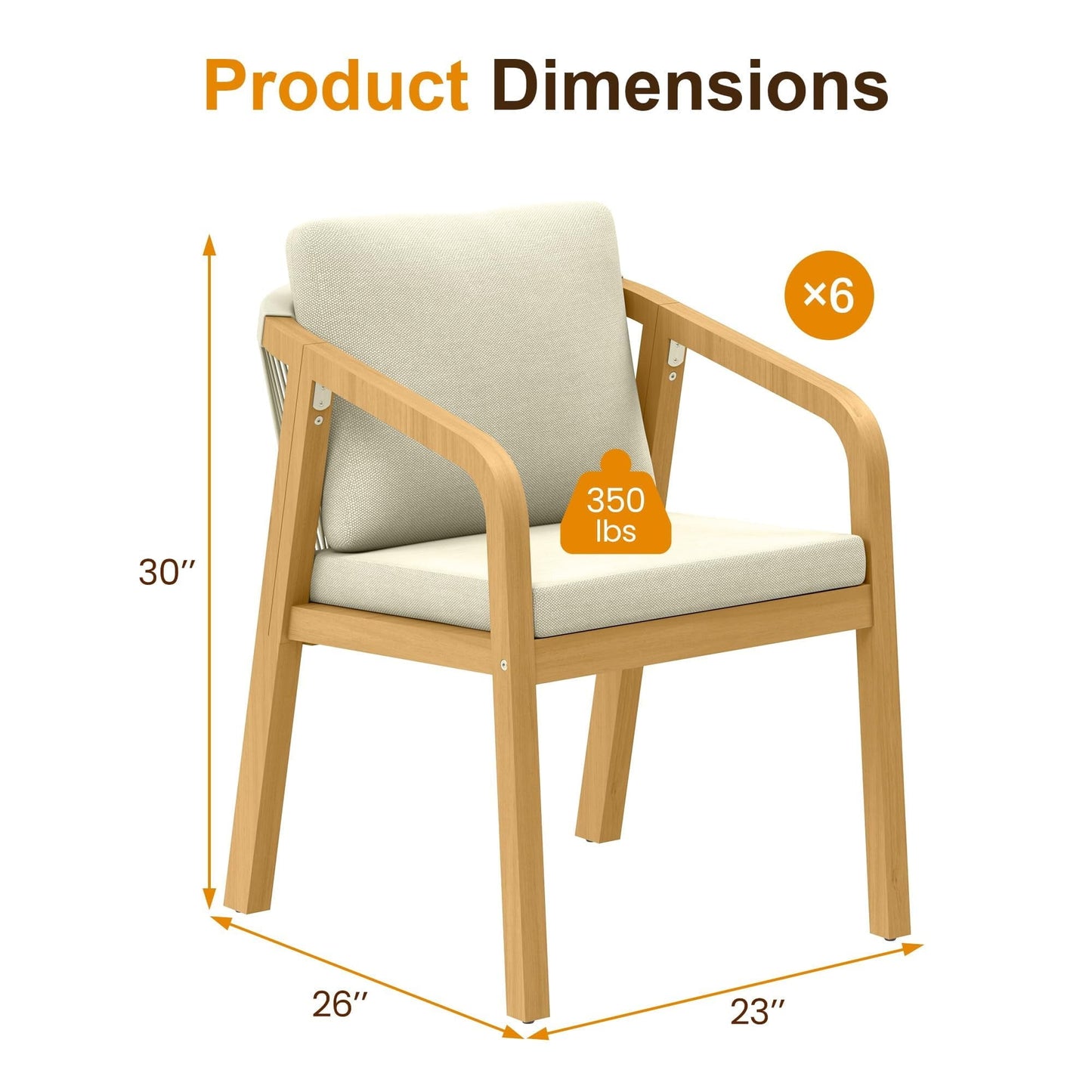 RoyalCraft Acacia Patio Dining Chairs Set of 6, Outdoor Wood Dining Chairs with Thick Cushions, Modern Patio Chairs with Woven Rope Backrest for Porch, Backyard, Garden, Indoor, Beige