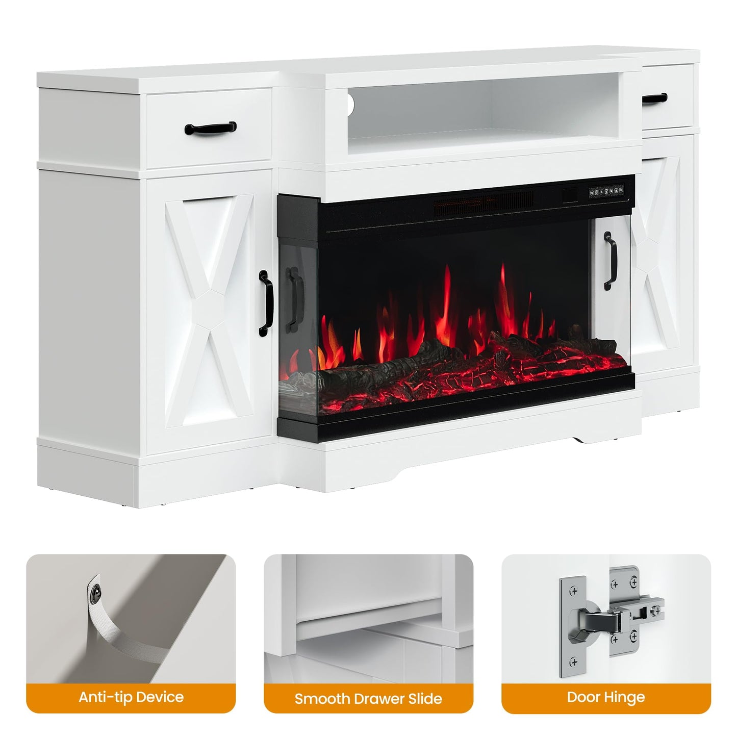 Heynemo TV Stands with 36'' Fireplace for TVs up to 75'', Media Console Table with Adjustable Shelves, Double-door Design, Entertainment Center for Living Room, Bedroom, White