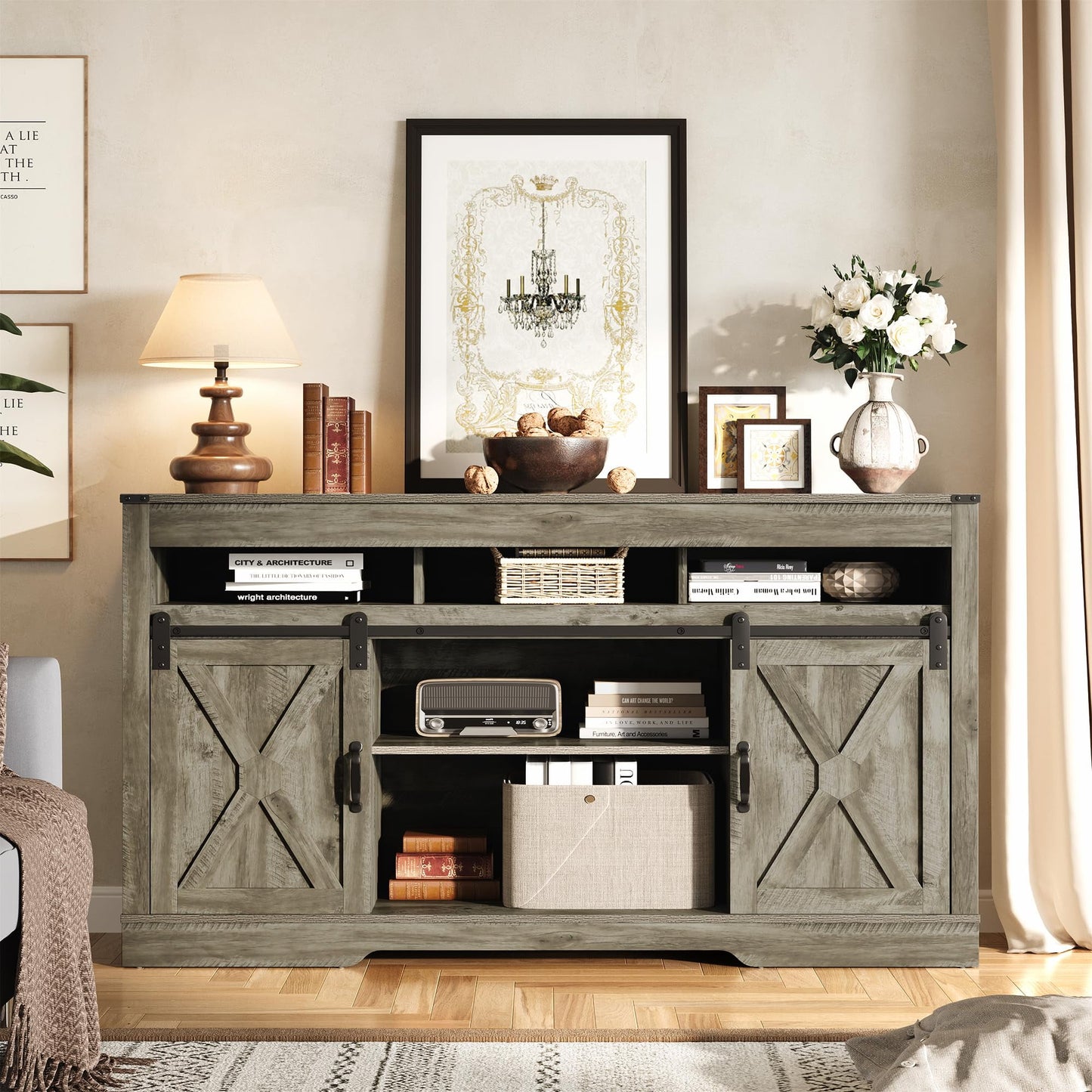 Heynemo Farmhouse TV Stand for 65+ Inch TV, Tall Entertainment Center with Storage Cabinets and Sliding Barn Doors, Mid Century Modern Media TV Console Table for Living Room (Light Rustic Oak)