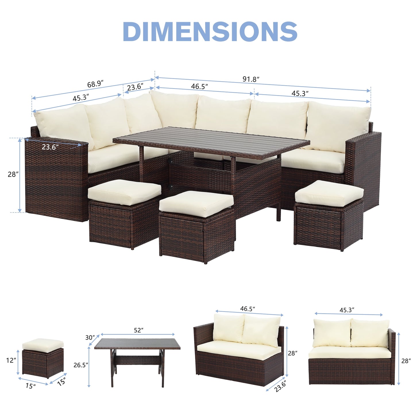 Heynemo 7 Piece Outdoor Patio Furniture Set, Dining Sectional Sofa with Dining Table and Chair, All Weather Wicker Conversation Set with Ottoman, Beige